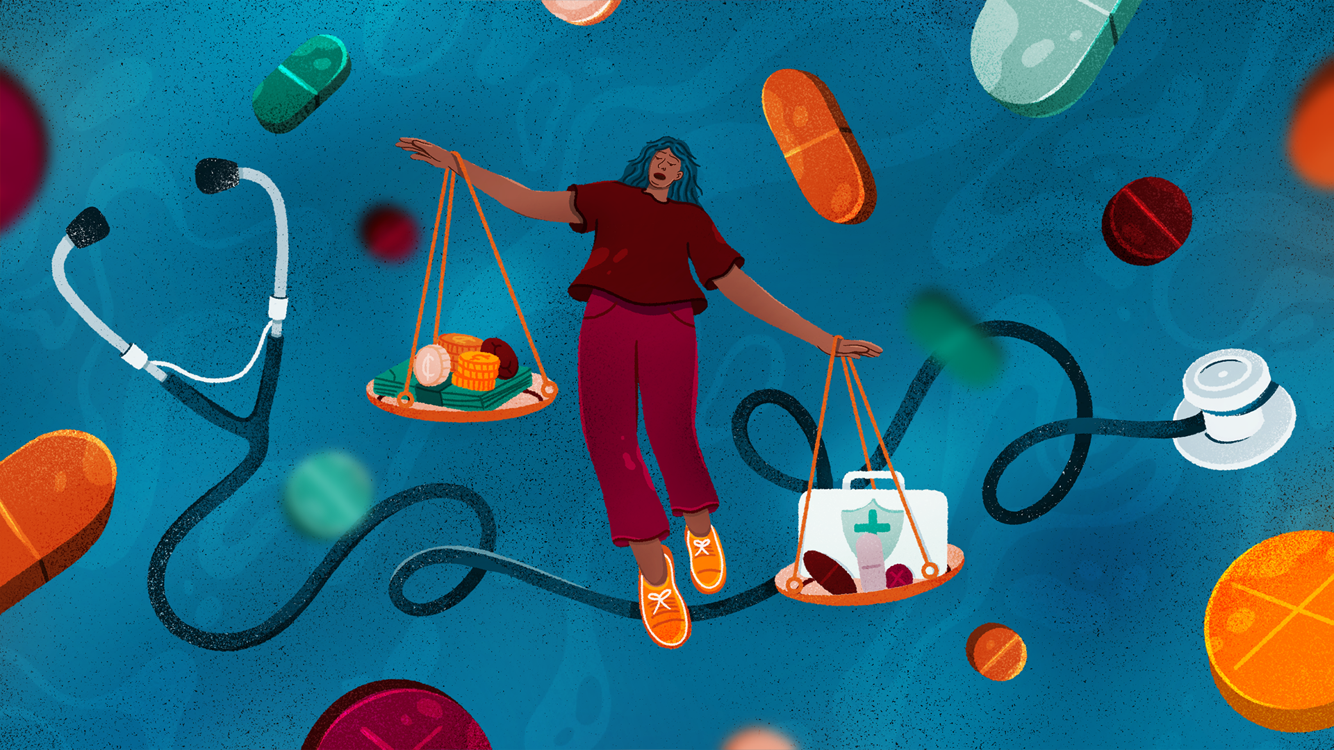 woman with brown skin black hair red shirt red pants orange shoes balances the weight of money in her right hand and medicine in her left hand against a background of a large stethoscope and pills