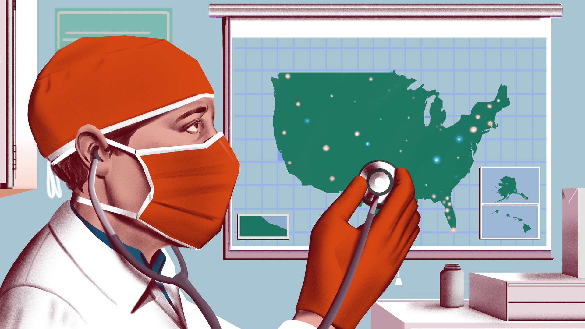 illustration of a masked doctor wearing an orange glove and holding a stethoscope up to a map of the united states 