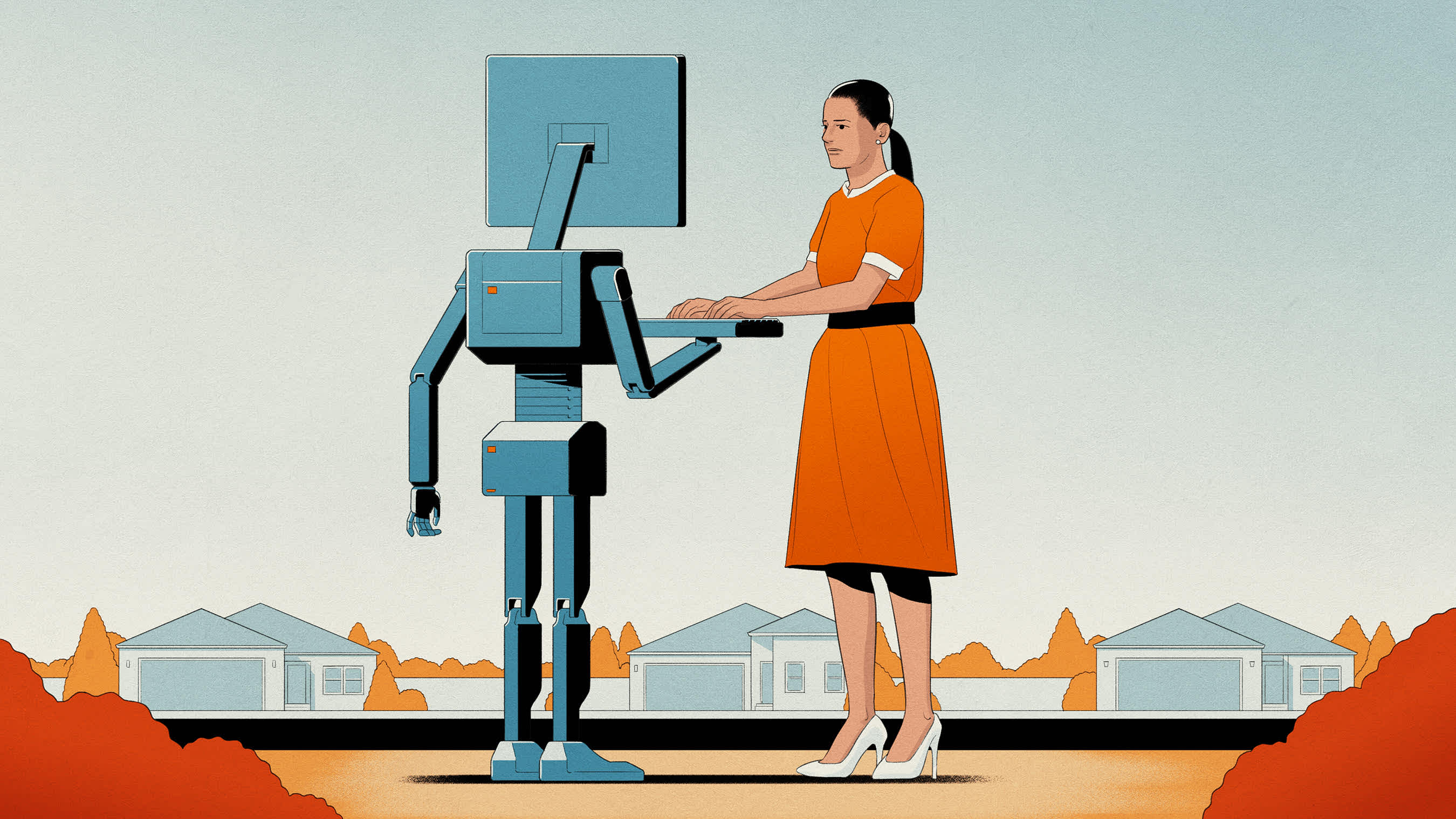 A brown-haired woman in an orange dress, white high heels, and her hair pulled back types types on a humanoid robot in a remote suburban neighborhood. 