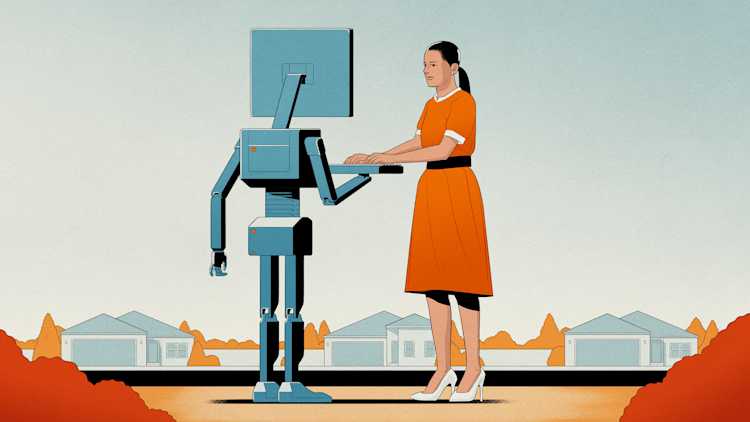 A brown-haired woman in an orange dress, white high heels, and her hair pulled back types types on a humanoid robot in a remote suburban neighborhood.