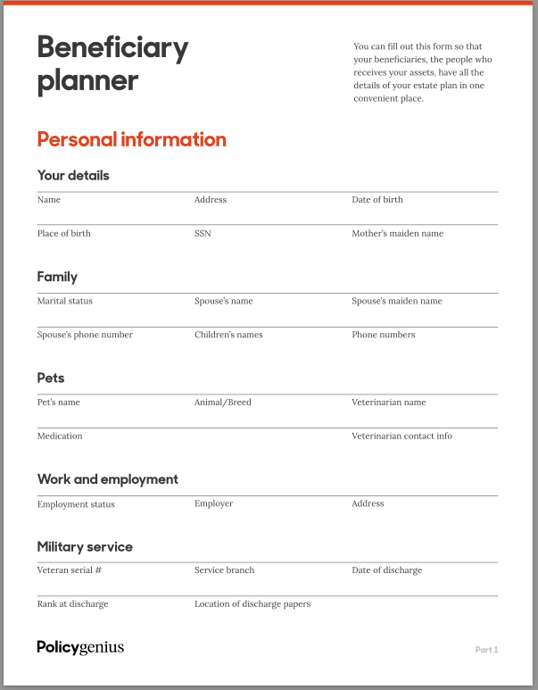 Free Printable Beneficiary Planner