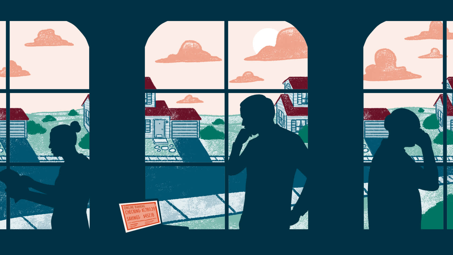 illustration of three people in silhouette, one on the phone, one looking at a bank balance on a computer, one looking at a letter, they are inside at at home, through the window are other houses