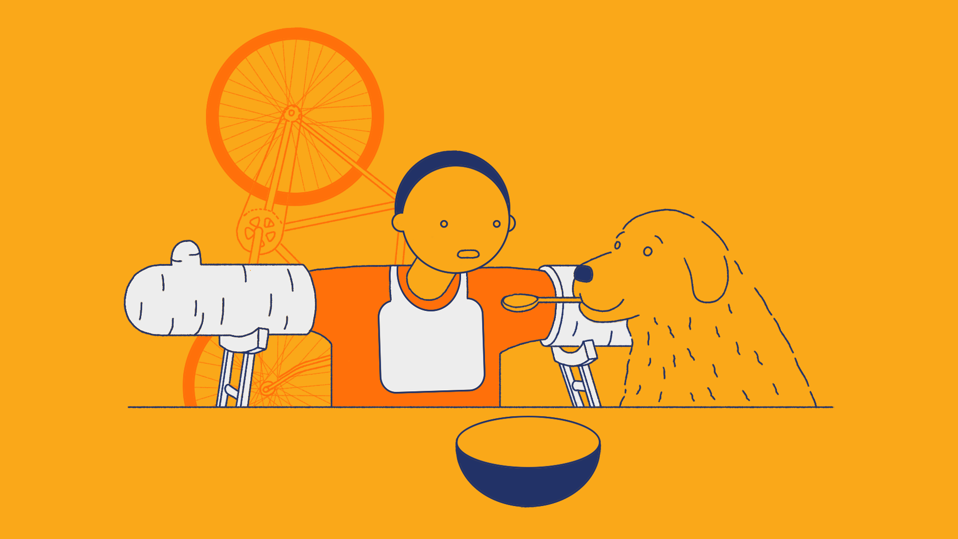 Illustration of a person with long-term disability insurance with two broken arms being fed by their dog