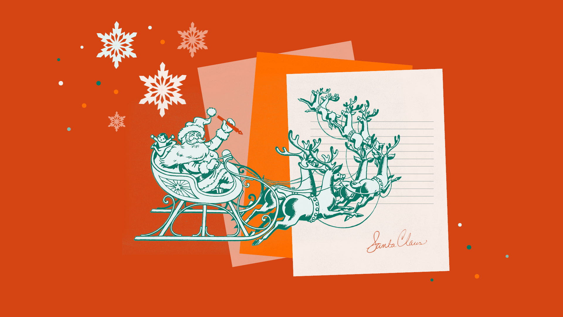 Santa Claus is riding his sleigh, being pulled behind the reindeer and the background is his naughty or nice list and some snowflakes.