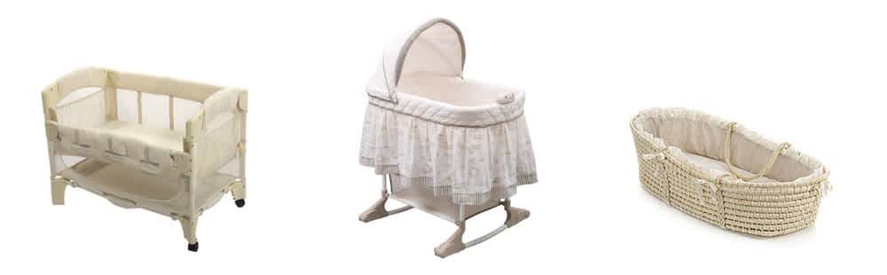 Left to right: co-sleeper, bassinet, and baby basket