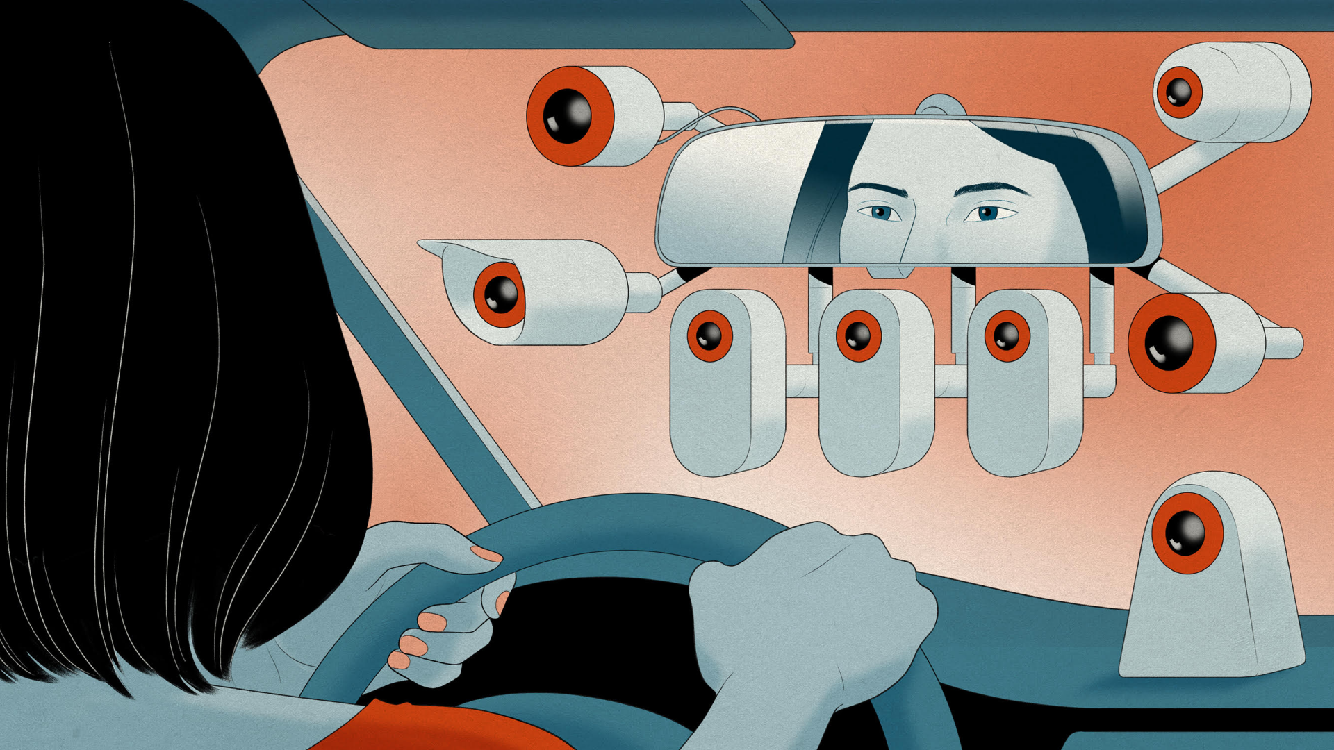 illustration of female driver with shoulder length hair looking into rearview mirror, which is surrounded by seven dash cameras pointed at her
