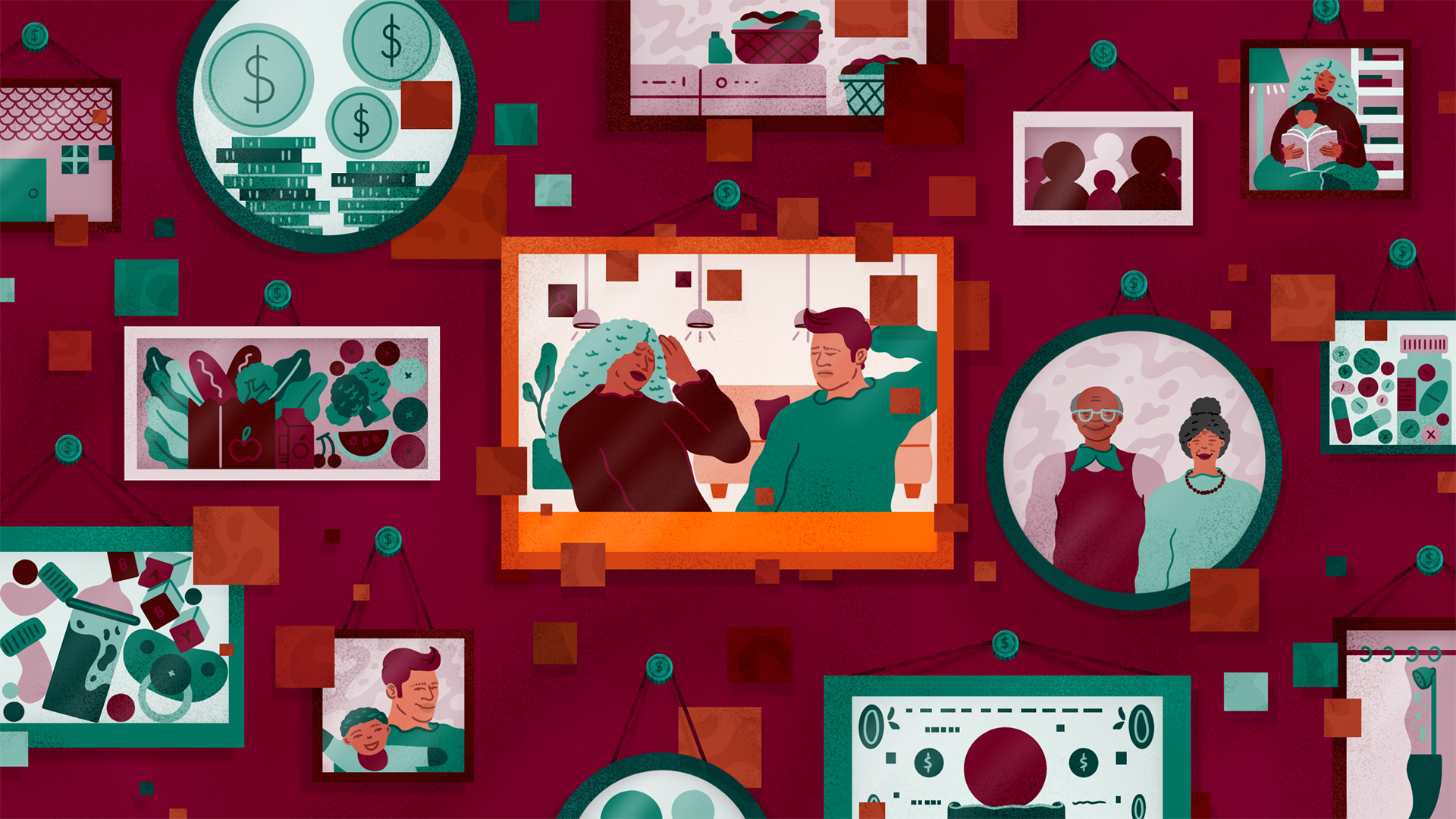 Graphic featuring maroon wall with multiple picture frames. At center is a worried couple having a stressful conversation.