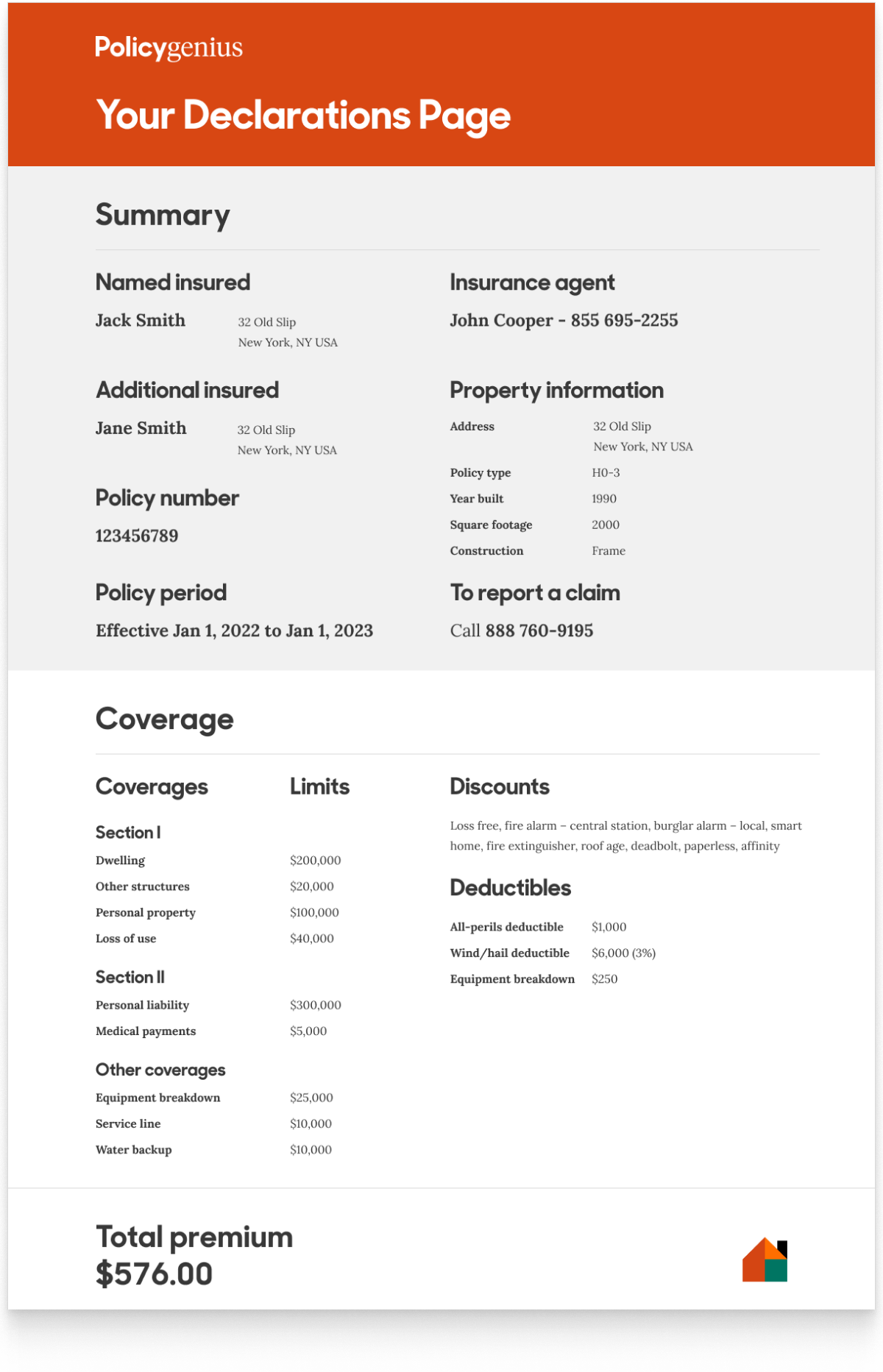 Homeowners insurance declaration page example