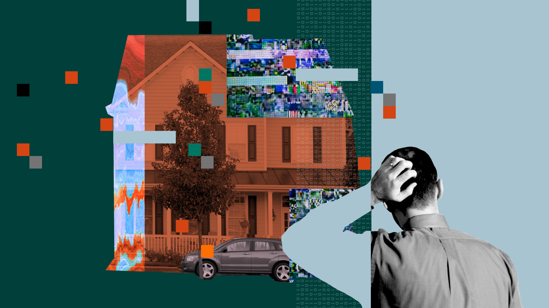illustration photo collage with a man in black-and-while with his hand on his head looking at an image of a house and car