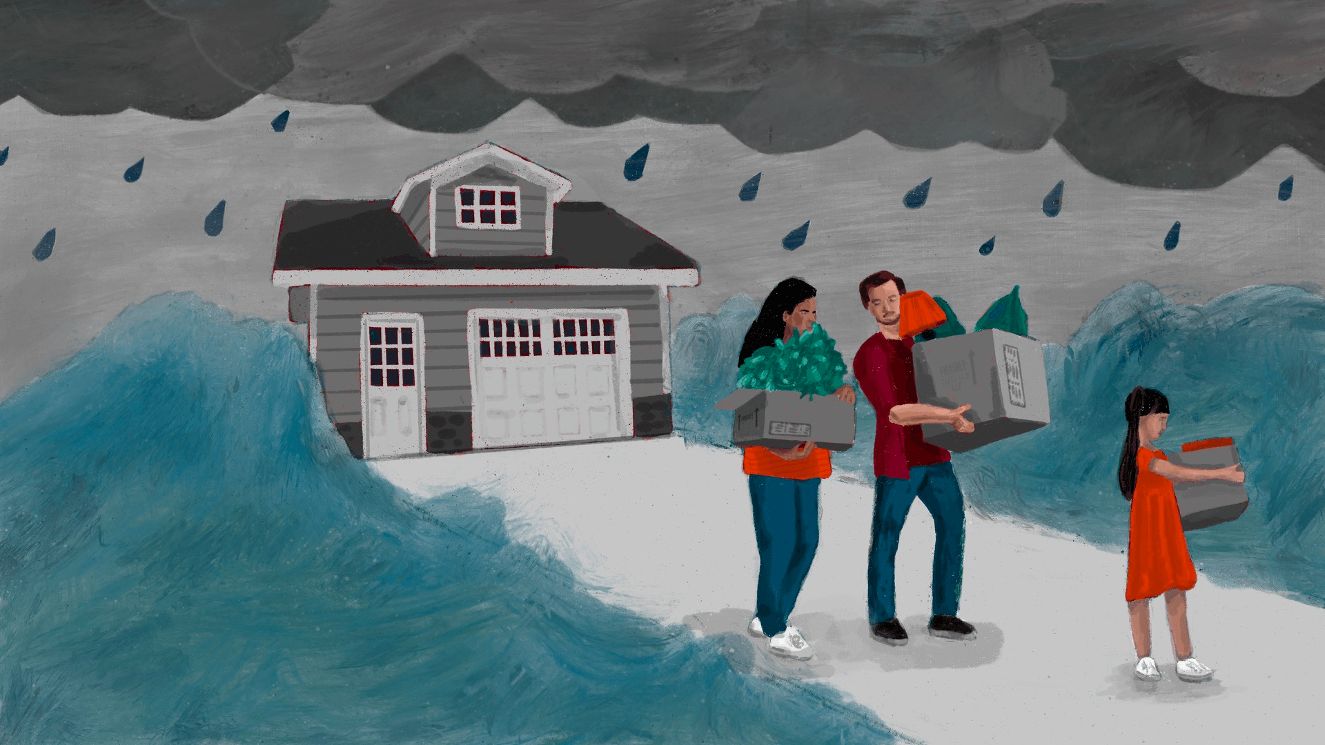 illustration of a family - woman, man, and girl child - holding moving boxes walking away from a house, there are waves on the sides of them and a storm cloud and rain
