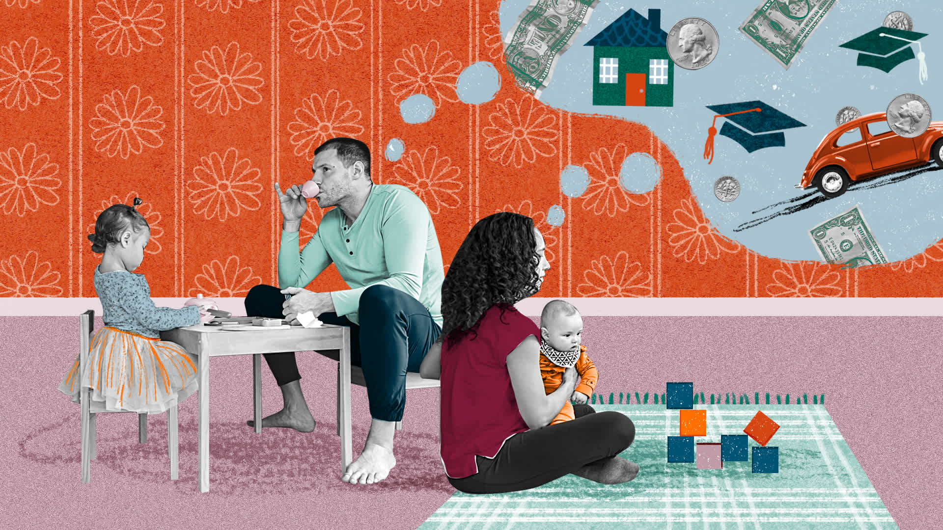 a toddler and father seated at a small table on the left a mother and baby seated on a blanket on the right. the mother and father have a thought bubble with a house, graduation cap, car, and money