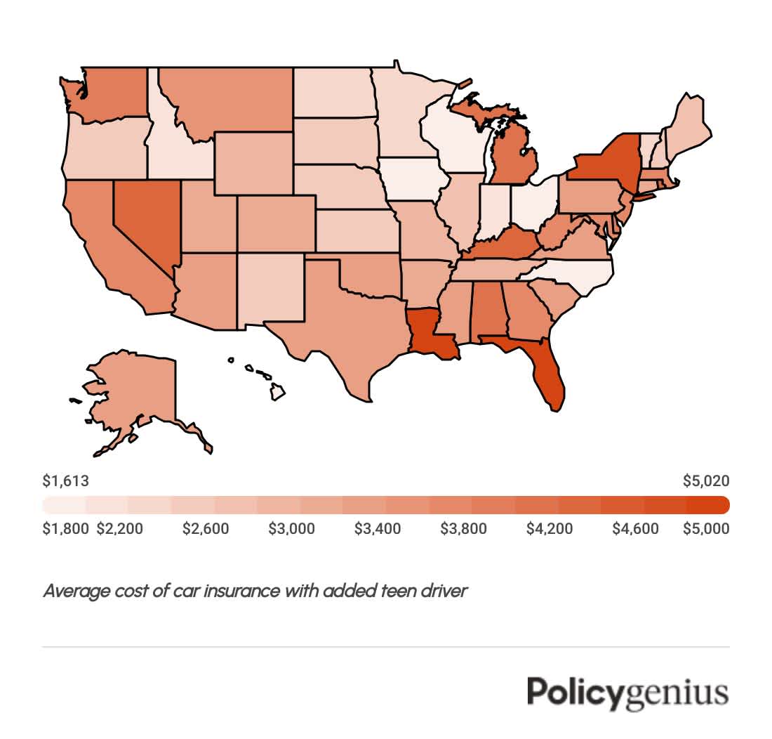 A heatmap of the United States showing where it's cheapest and most expensive for teens to get car insurance by joining a family policy.