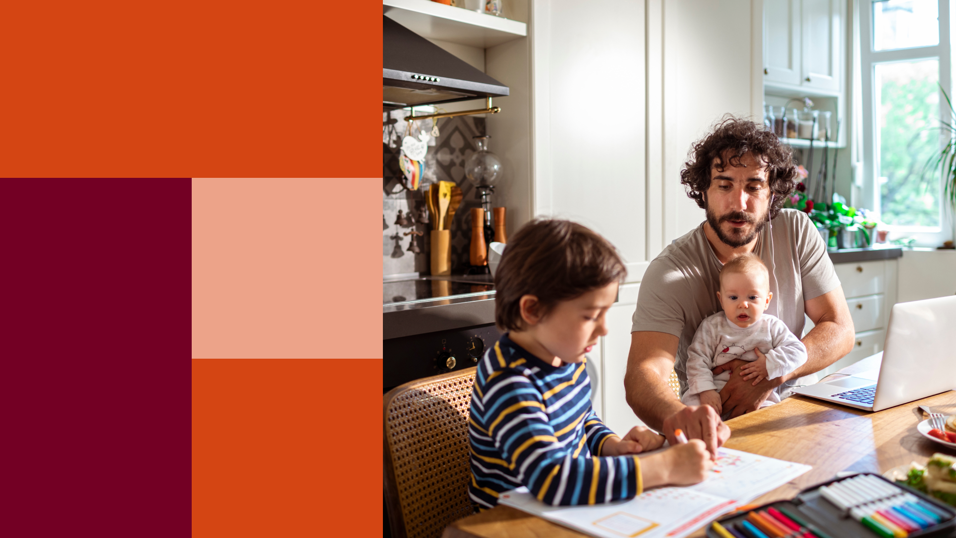 image with abstract orange and maroon blocks on left side, right side is a man with a baby in his lap helping a young child with homework at the kitchen table