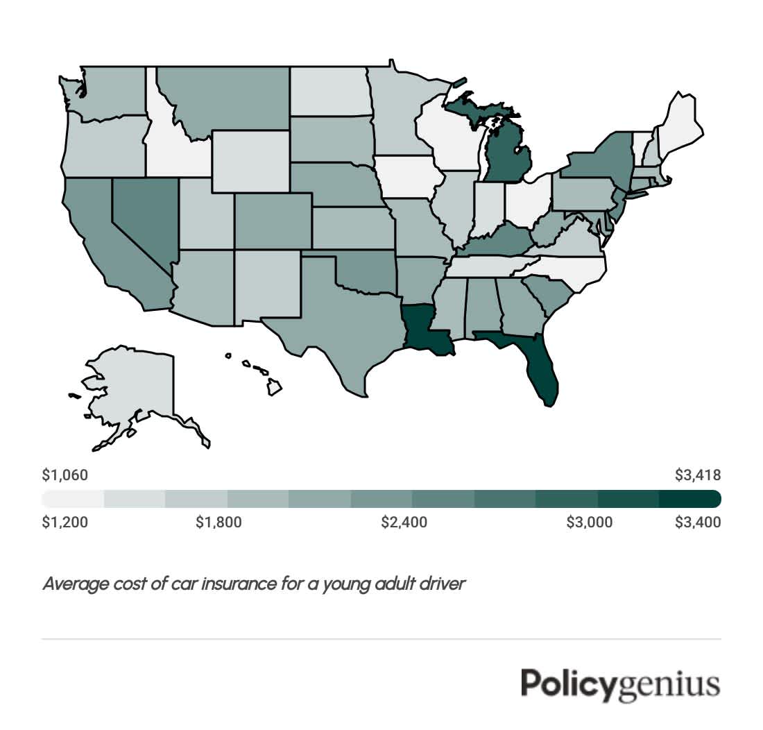 A heatmap of the United States showing where it's cheapest and most expensive for a young adult to get their own insurance.