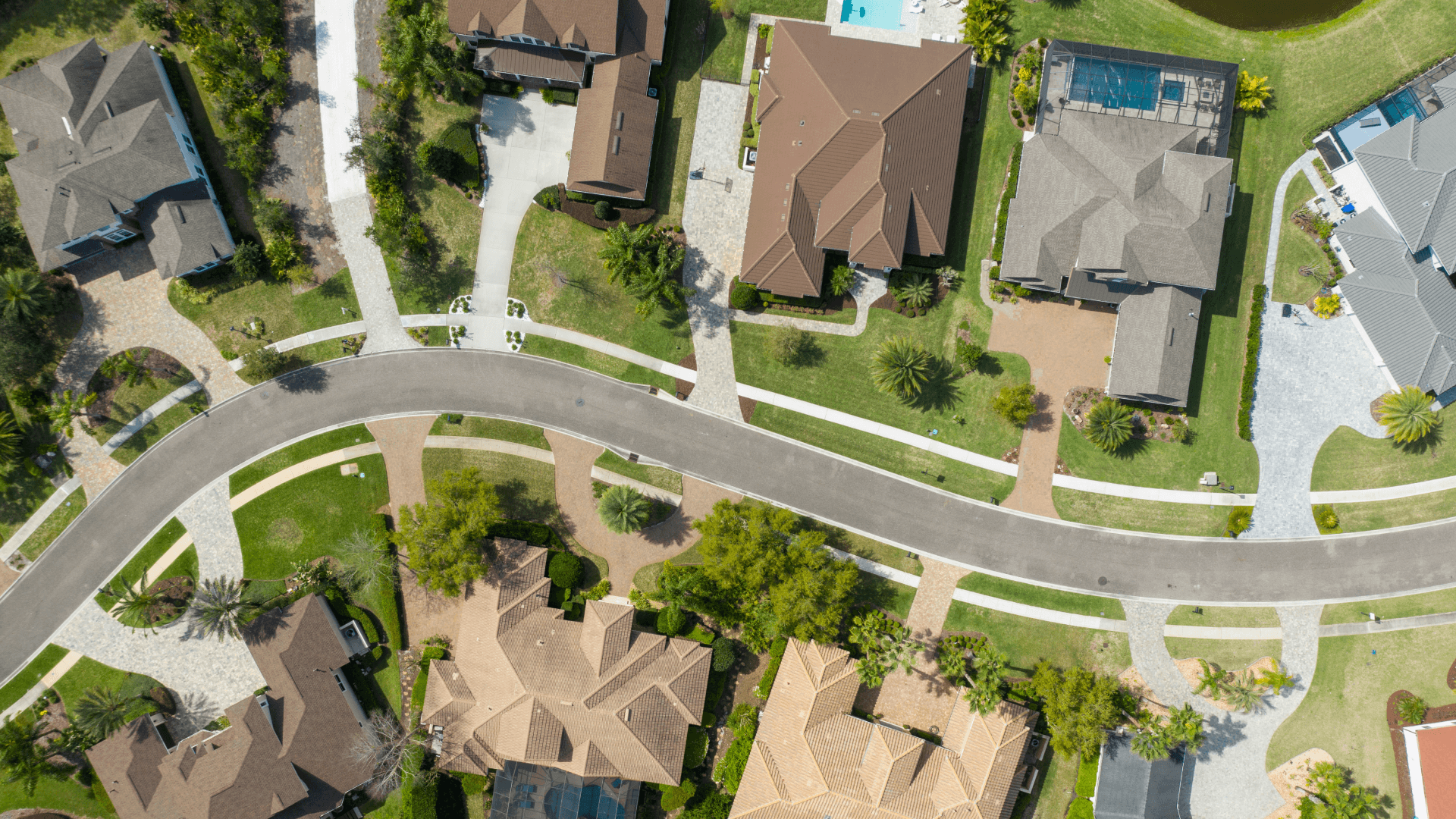 aerial view of suburban neighborhood with large houses with green lawns along a curved road, many with pools 