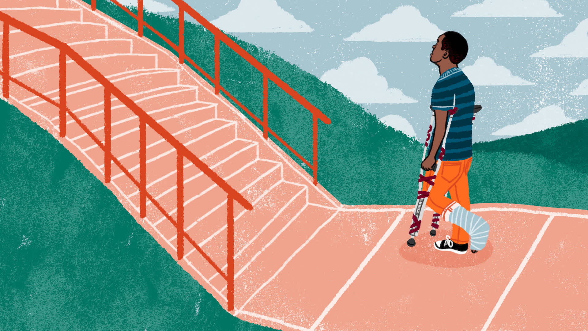 A young person with a cast on their left leg, standing on crutches and looking upwards at stairs.