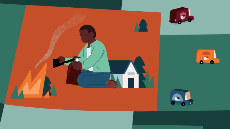 Illustration of a person over a map of Colorado using a fire extinguisher to put out a forest fire in front of their home. In the background, insurance company vans are seen fleeing to other states to avoid paying out costly wildfire claims.