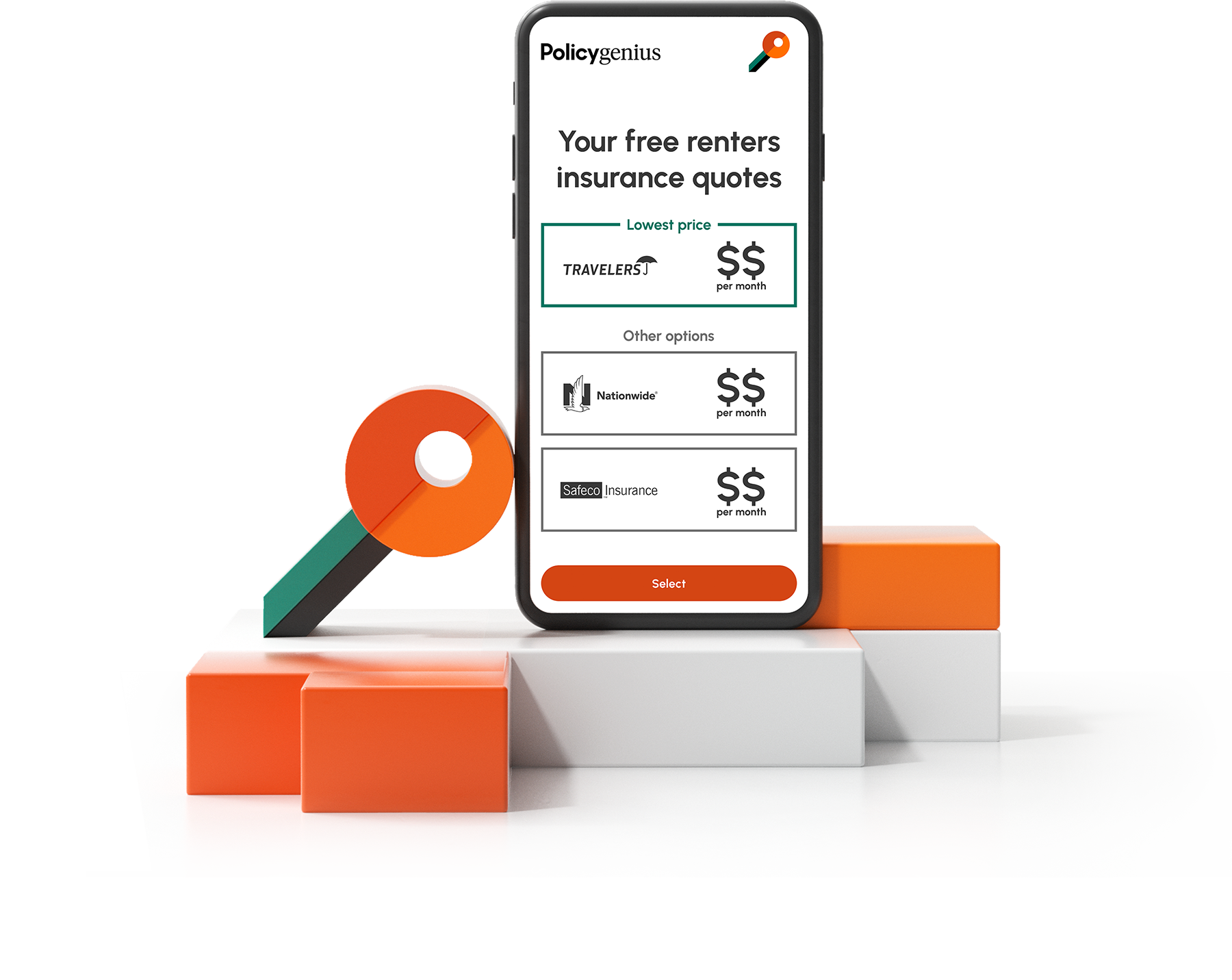 A mobile phone screen displaying renters insurance carrier prices