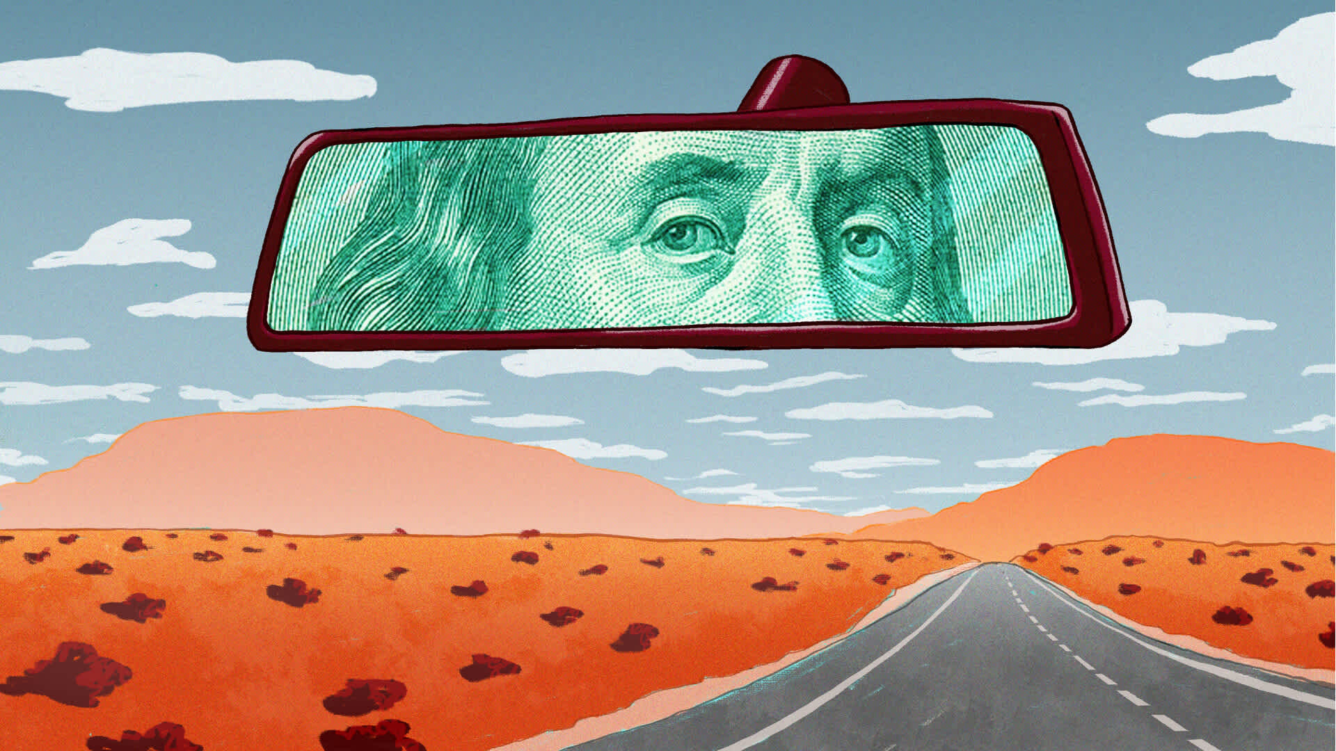 Benjamin Franklin's eyes looking at the viewer in the reflection of the rearview mirror.