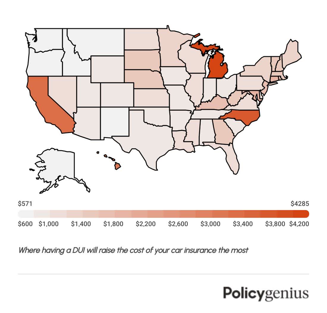 A map of the United States on which states are shaded according to the average cost increase to one's insurance after a DUI.