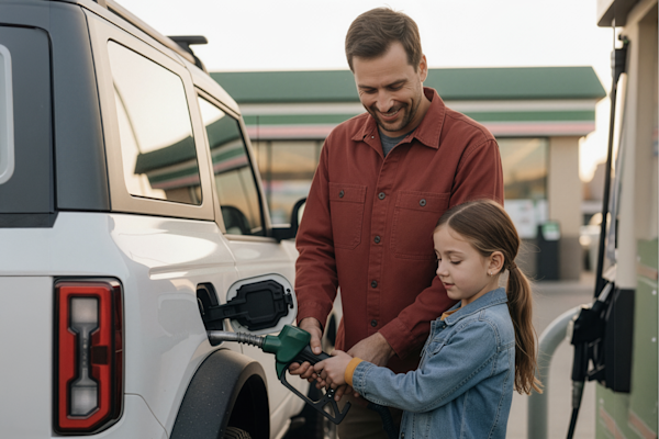 Father & Daughter Pumping Gas