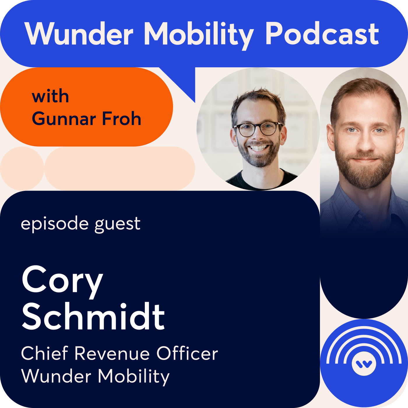 Wunder Mobility Podcast template featuring Cory Schmidt and Gunnar Froh in bubble shaped image elements.