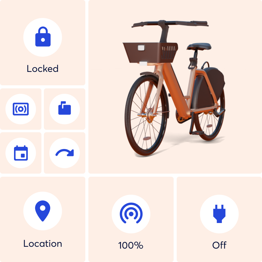 Display of all vehicle information icons and an orange electric bike render.