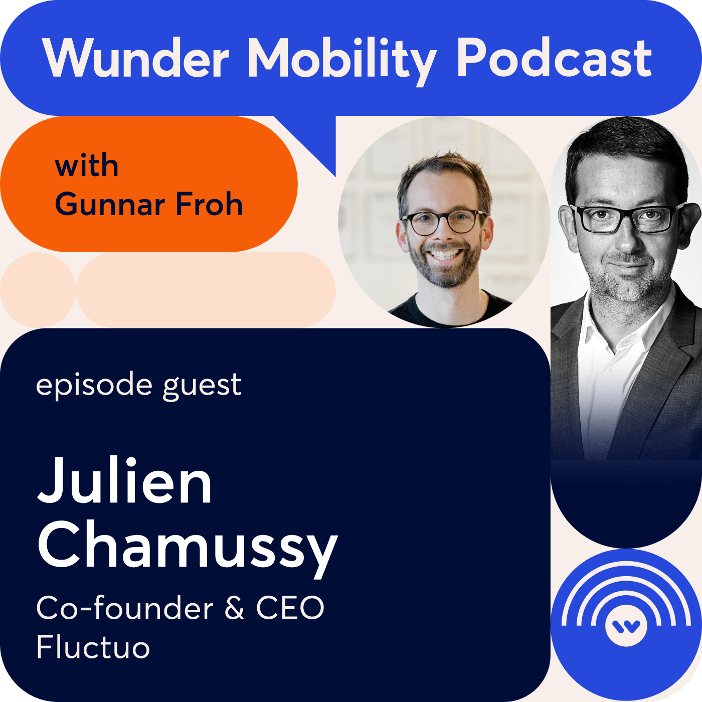 Wunder Mobility Podcast template of Julien Chamussy, co-founder and CEO of Fluctuo featured with Gunnar Froh in images shaped as bubbles.