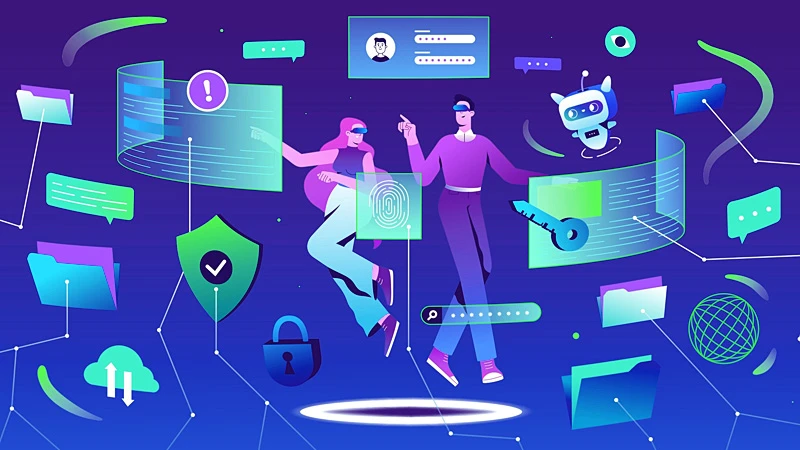 Two people floating and surrounded by a web of interconnected icons depicting a lock, shield, alert, cloud, key, password and more, all meant to symbolize responsible AI