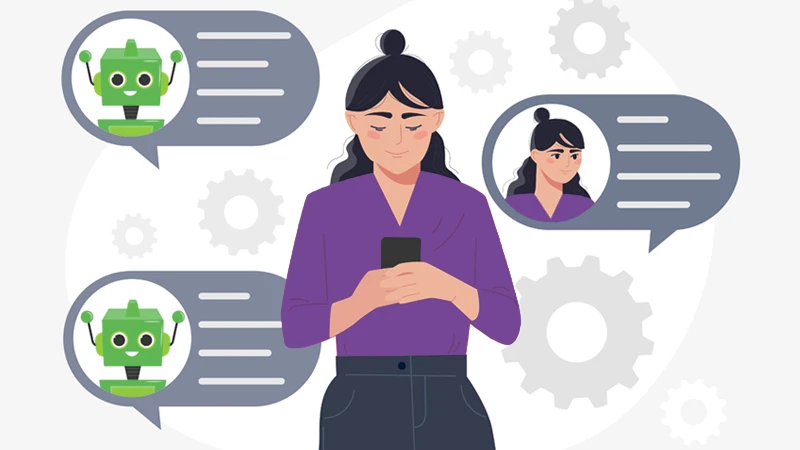 Illustration of person using smartphone, with floating speech bubbles symbolizing a conversation with a chatbot