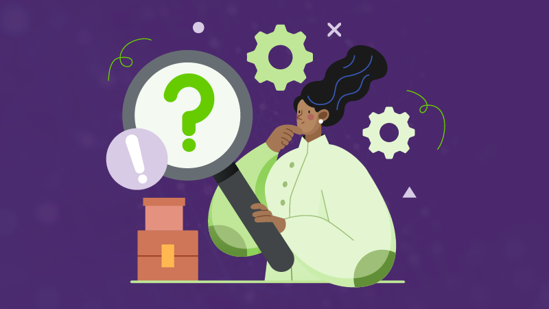 Episode cover image for Questions for now, a TELUS International podcast, featuring an illustrated character using a magnifying glass to search for answers