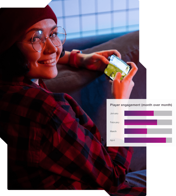 A woman playing a game on her smartphone with an overlay of player engagement metrics