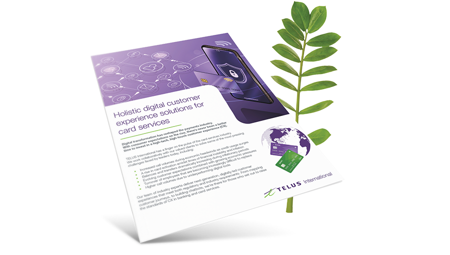 Preview image of the brochure "Holistic digital customer experience solutions for card services" overlaying a green leafy plant.