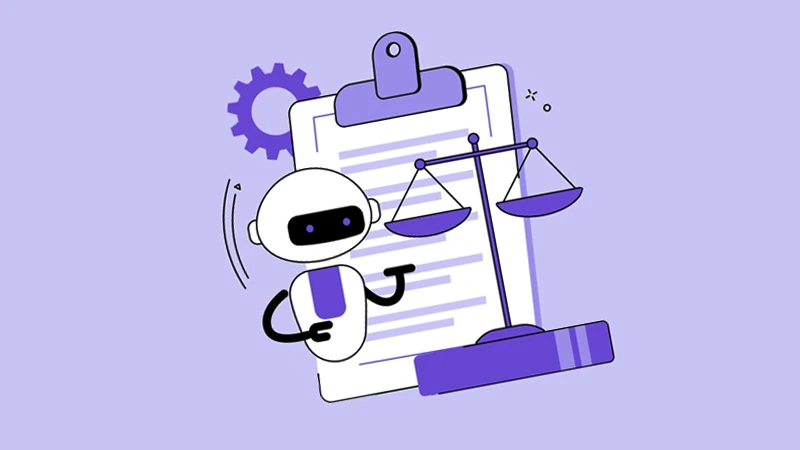 Illustration of a robot (symbolizing AI), scales (symbolizing law and justice), and a clipboard (symbolizing regulation)