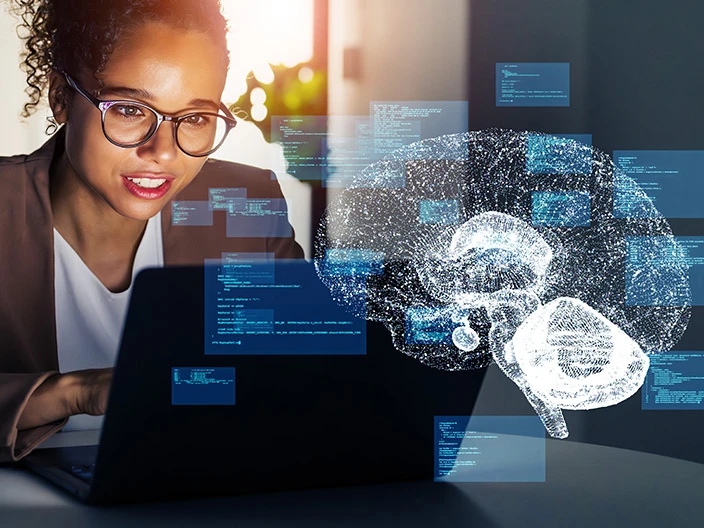 A woman working on a computer with an illustrated digital brain and code overlaid, representing generative AI technology.