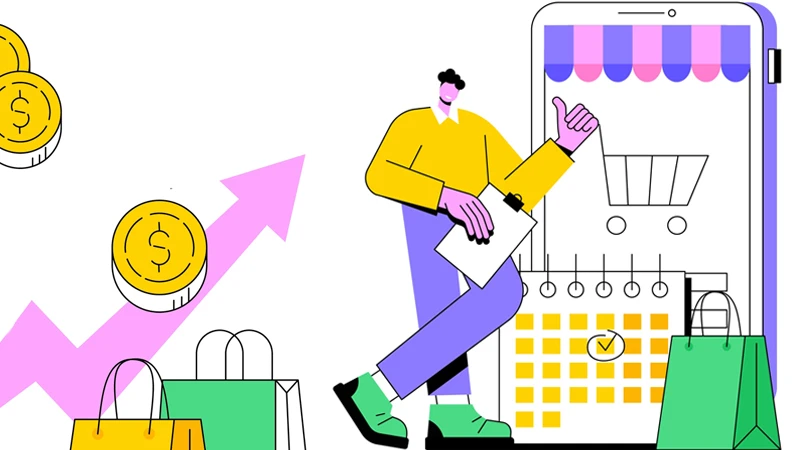 Illustration of person and various items meant to convey buy now, pay later services