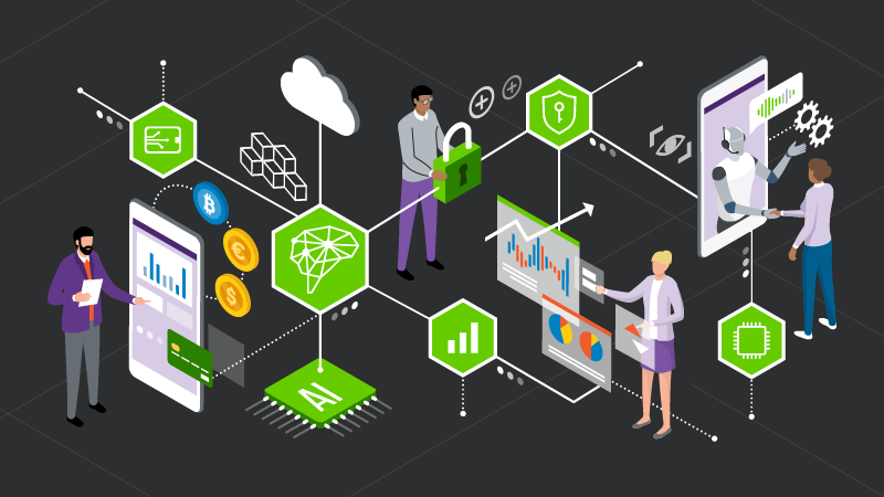 An illustration showing various digital automation technologies for banking including, artificial intelligence, mobile payments, chatbots and data analytics.