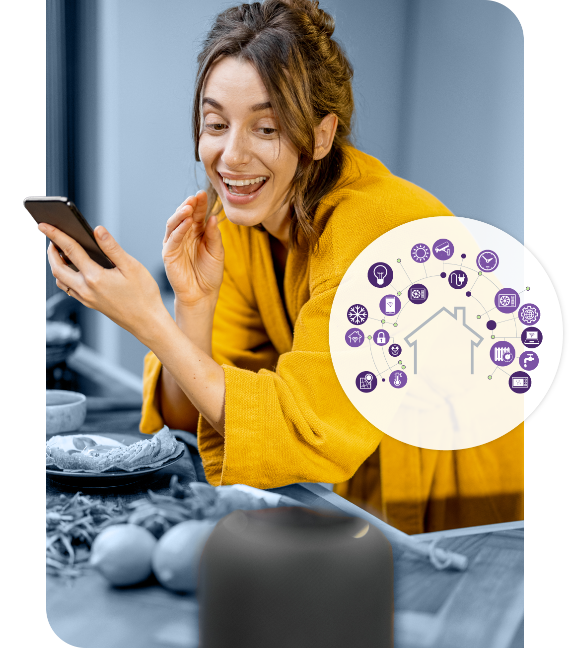 Person interacting with smart home device, with an overlay further symbolizing interconnected smart devices