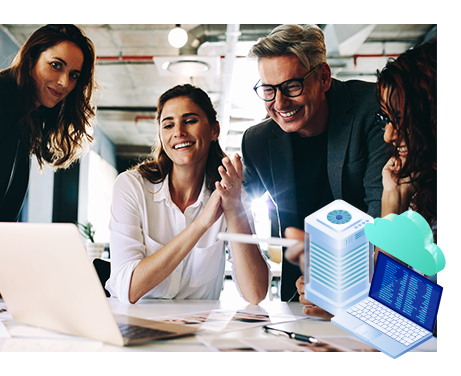 A group of professionals collaborating around a laptop.