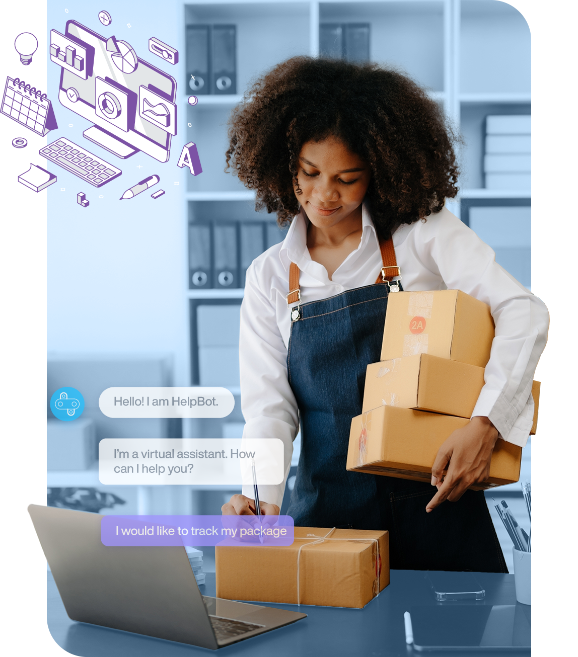 Ecommerce professional holding packages, while a chatbot handles customer support messages; an overlay depicts iconography symbolizing automation