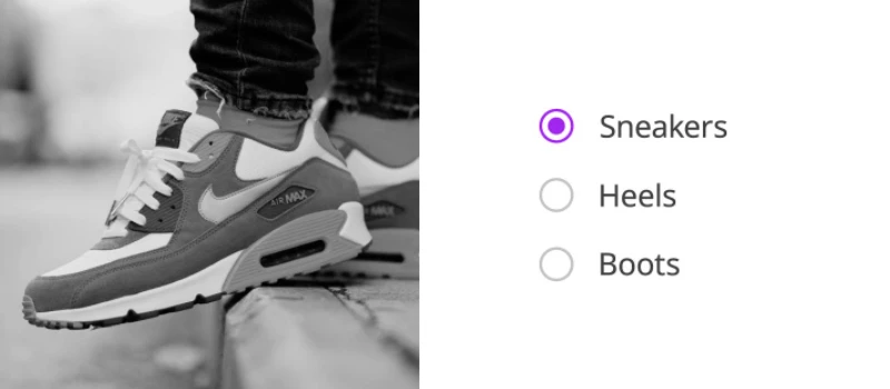 Image of running shoe and a bubble-list with "Sneakers" selected