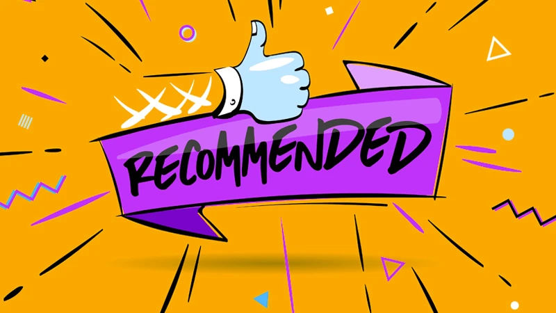 Cartoon of a banner that reads "Recommended" and a person hand and arm giving a "thumbs up" gesture