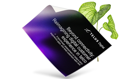 Cover of the Beyond connectivity: Reimagining digital customer experience in telco report in front of leaves.  