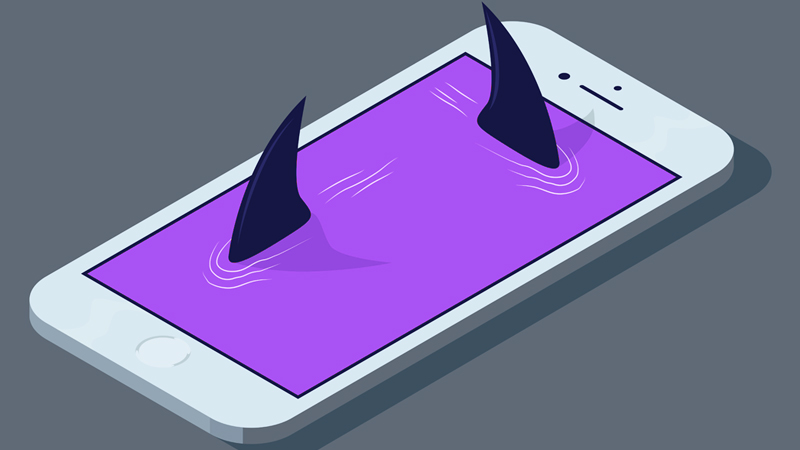 Shark fins rising out of a phone screen, meant to symbolize fraud in eCommerce