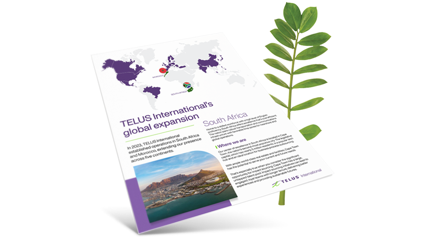 Preview image of the "TELUS International's Global Expansion" brochure beside a plant