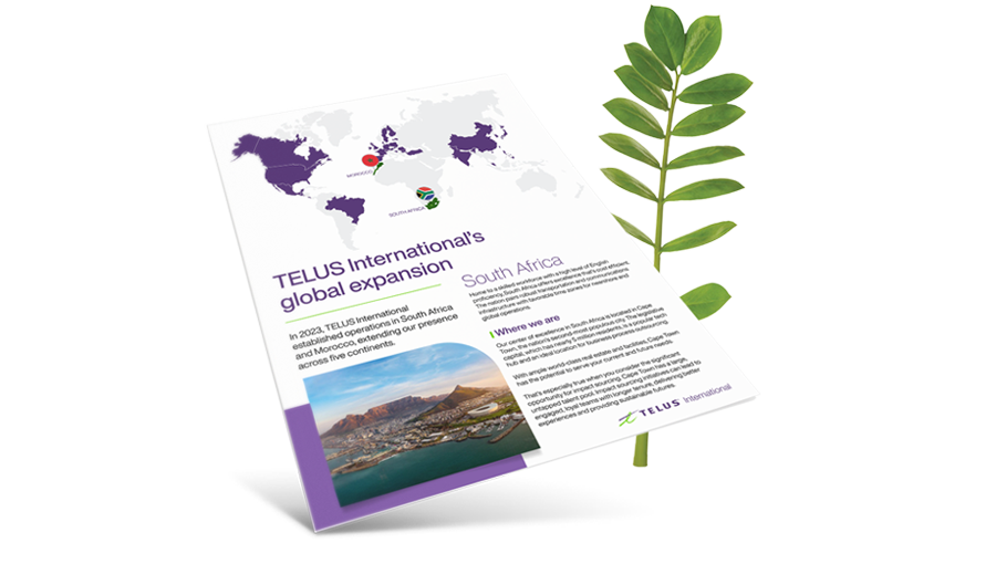 Preview image of the "TELUS International's Global Expansion" brochure beside a plant