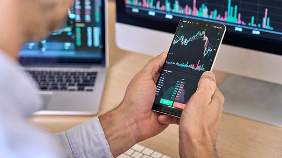 Individual reviewing a financial platform on their mobile phone, laptop and monitor. 