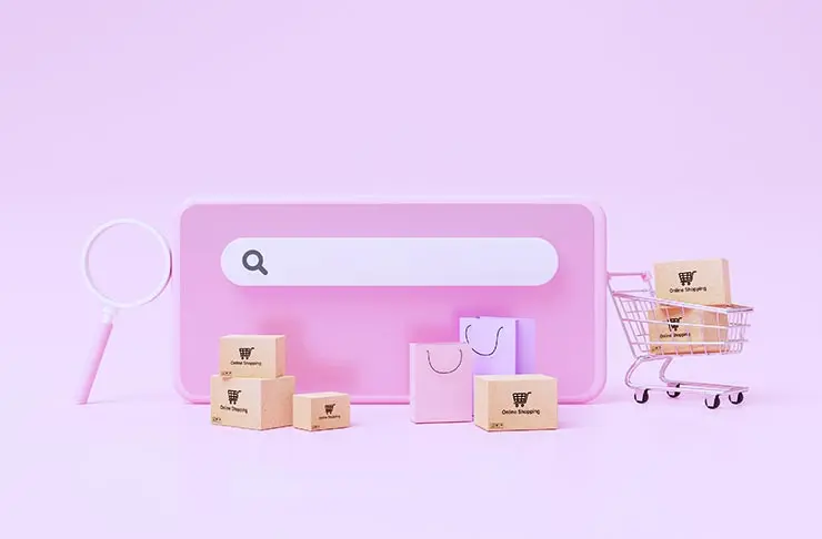 Search bar, magnifying glass, shopping cart, packages and bags meant to convey search relevance for the retail and ecommerce industry