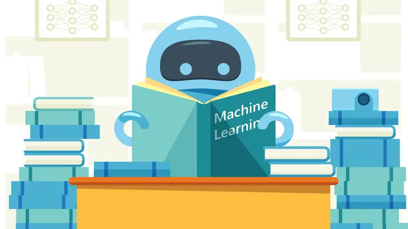 Robot representing AI is reading books labeled machine learning.