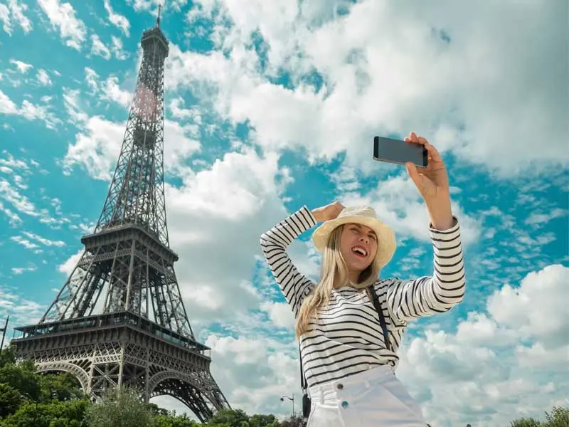 Female tourist standing in front of Eiffel tower